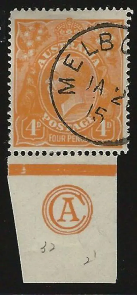 1914-20 Single wmk 4d orange with CA monogram in ... Image 1++
