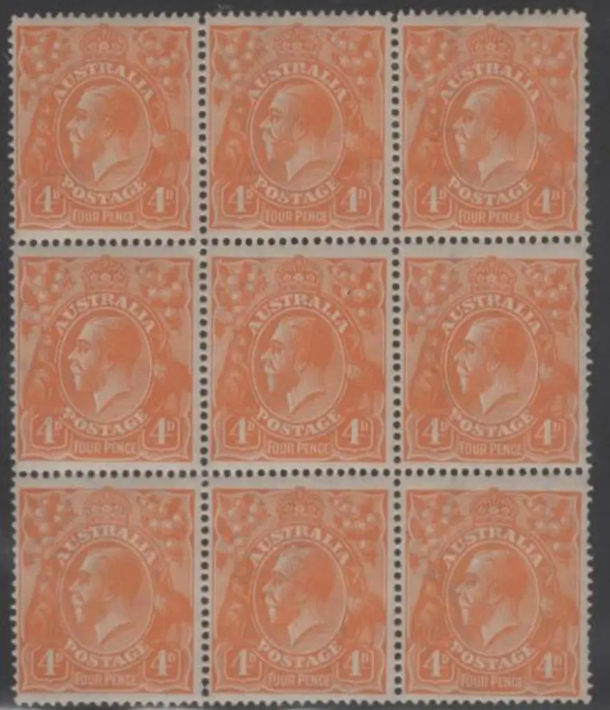 1914-20 Single wmk 4d orange block of 9. Well ... Image 1++