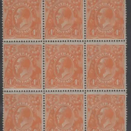 1914-20 Single wmk 4d orange block of 9. Well ...