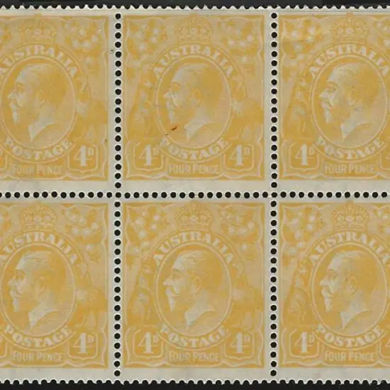 1914-20 Single wmk 4d pale orange-yellow block of ...