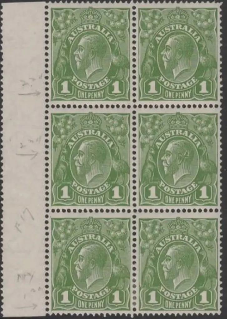 1926-30 SM wmk Perf 13½x12½ 1d green block of 6 ... Image 1++