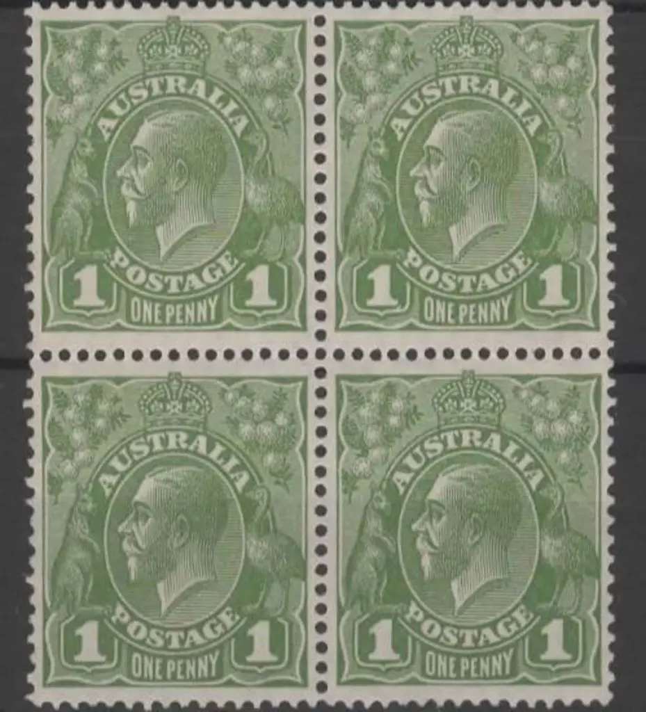 1926-30 SM wmk Perf 13½x12½ 1d green Die II block ... Image 1++