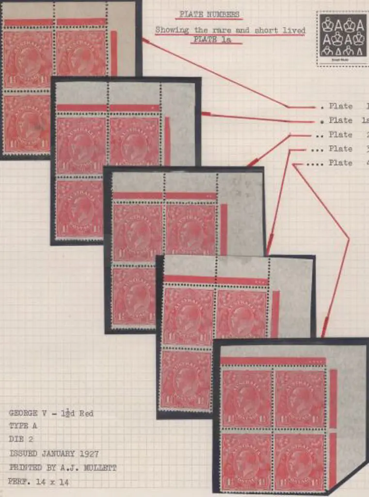 1926-30 SM wmk Perf. 14 1½d scarlet set of Plate ... Image 1++