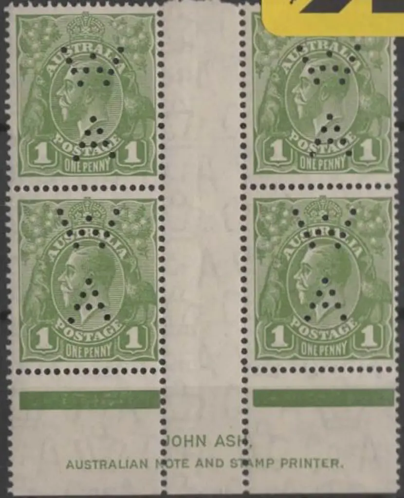 1931-36 CofA 1d green in Ash imprint gutter block ... Image 1++