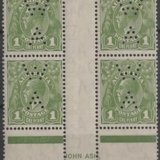 1931-36 CofA 1d green in Ash imprint gutter block ...