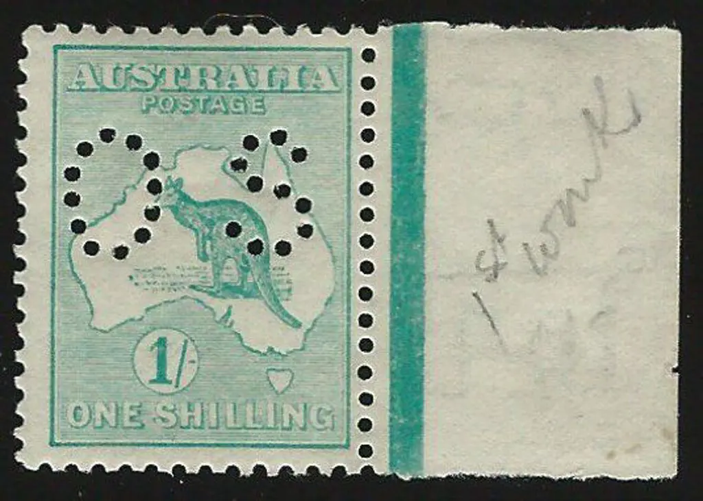 1913 1/- kangaroo, 1st wmk perfined small "OS" ... Image 1++