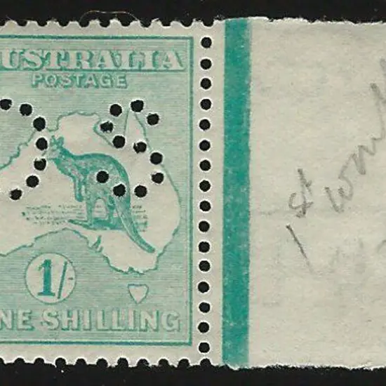 1913 1/- kangaroo, 1st wmk perfined small "OS" ...