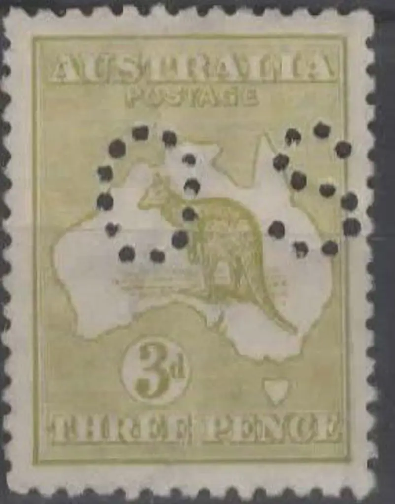 1915/28 3d olive kangaroo, 3rd wmk, perfined "OS". ... Image 1++