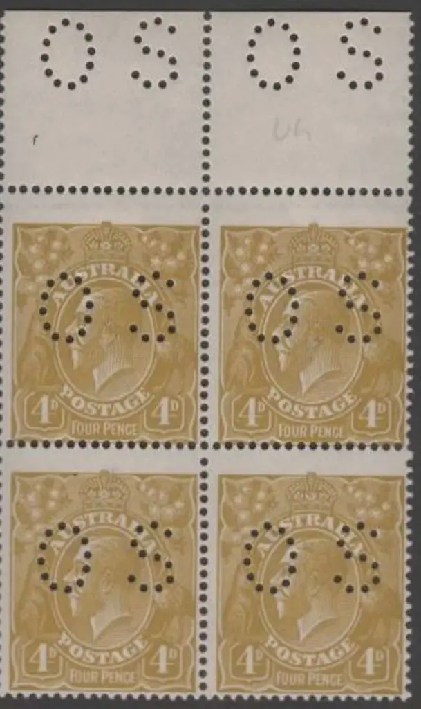 1924 4d olive perfined "OS" marginal block. ... Image 1++
