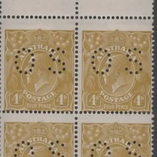 1924 4d olive perfined "OS" marginal block. ...