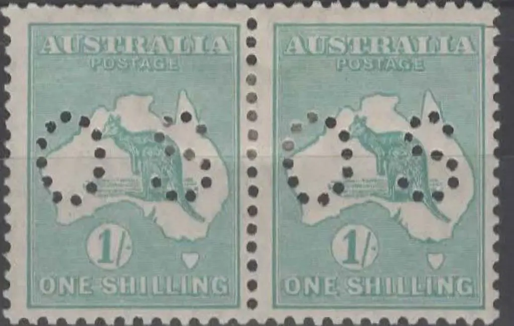1929/30 1/- blue green pair perfined small "OS". ... Image 1++