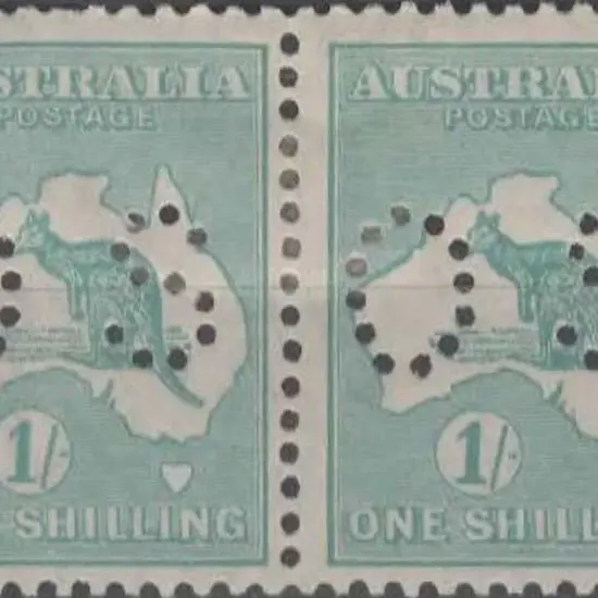 1929/30 1/- blue green pair perfined small "OS". ...