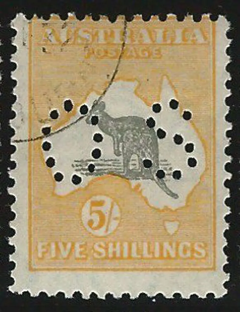 1929/30 5/- grey & yellow orange perfined small ... Image 1++