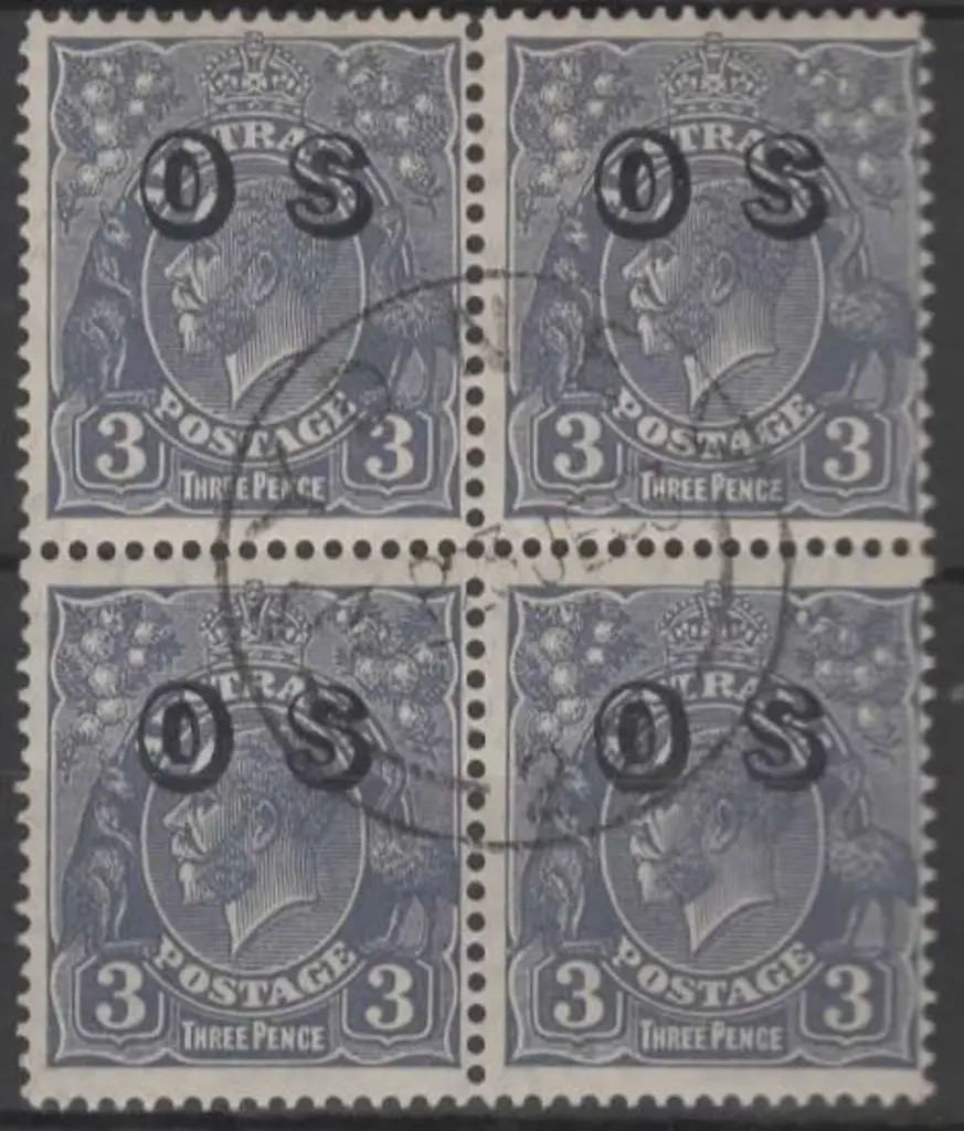 1931 3d blue, CofA wmk, ovptd "OS" block of 4 CTO ... Image 1++