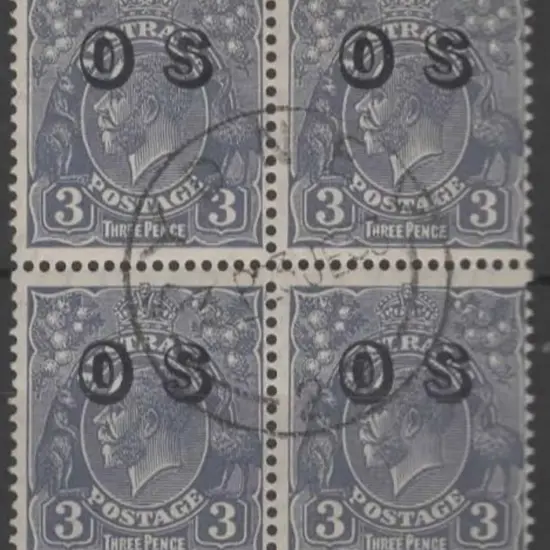 1931 3d blue, CofA wmk, ovptd "OS" block of 4 CTO ...