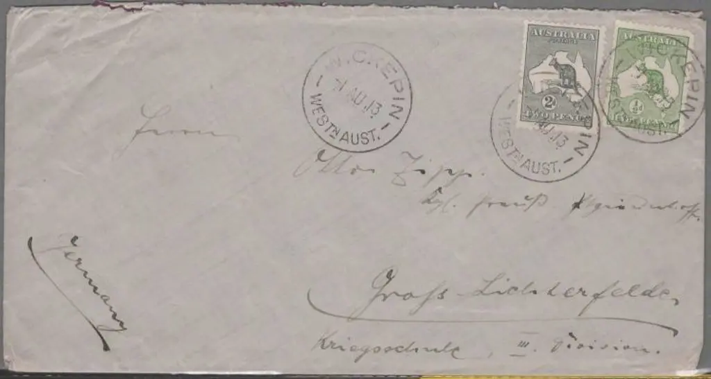 1913 (1st Aug) ½d green & 2d grey kangaroos ... Image 1++