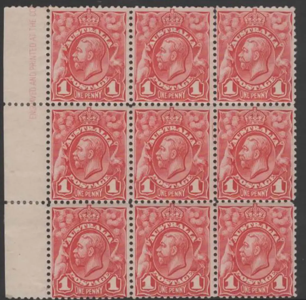 1913 1d red engraved KGV left marginal block of 9 ... Image 1++
