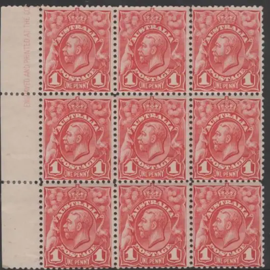 1913 1d red engraved KGV left marginal block of 9 ...