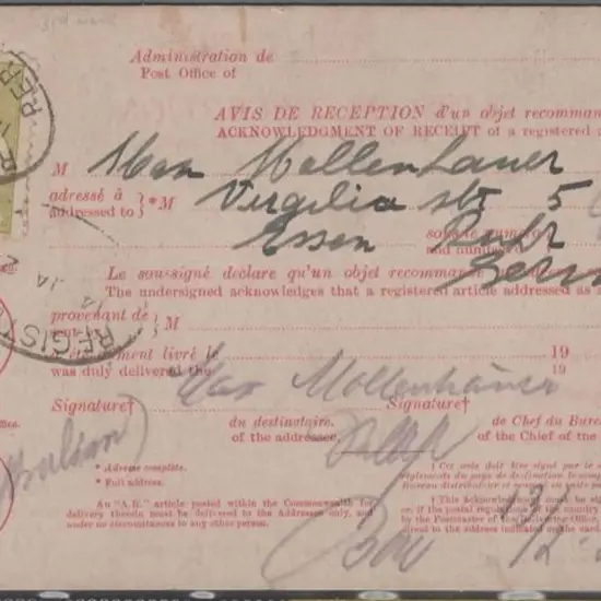 1924 (14th Jan) "Avis de Reception" postal card ...