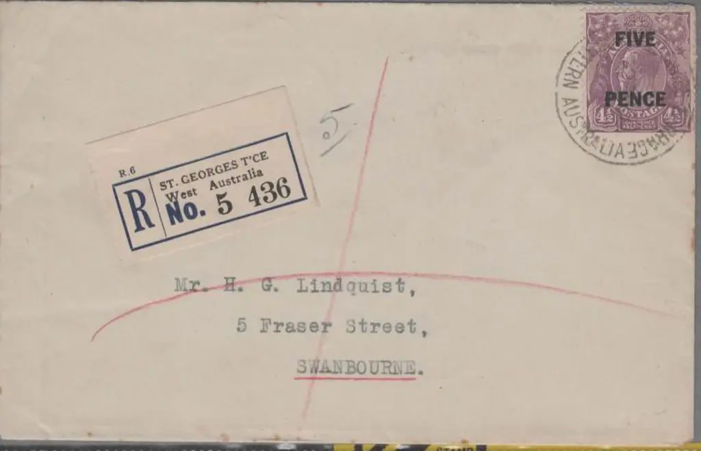 1930 (2nd Sept) FIVE PENCE on 4½d KGV tied by ... Image 1++