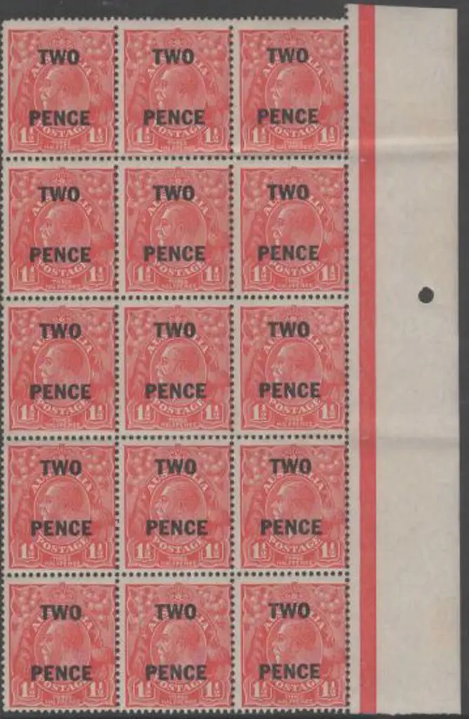 1930 2d on 1½d KGV right hand selvedge block of 15 ... Image 1++