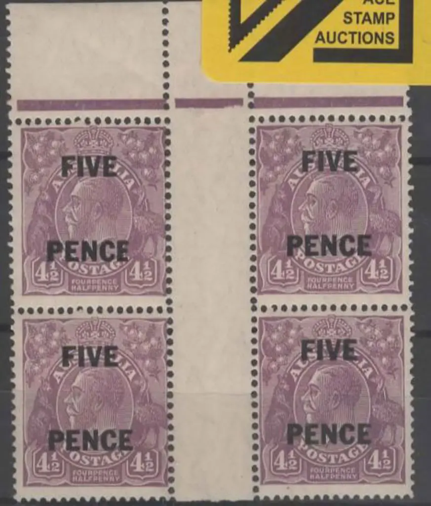 1930 5d on 4½d KGV surcharge in top gutter block ... Image 1++