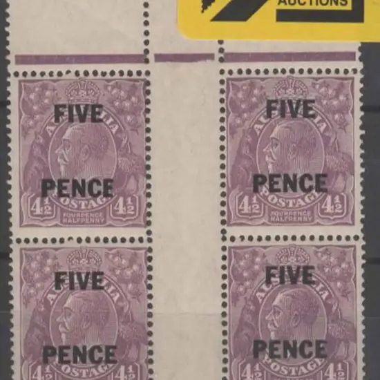 1930 5d on 4½d KGV surcharge in top gutter block ...