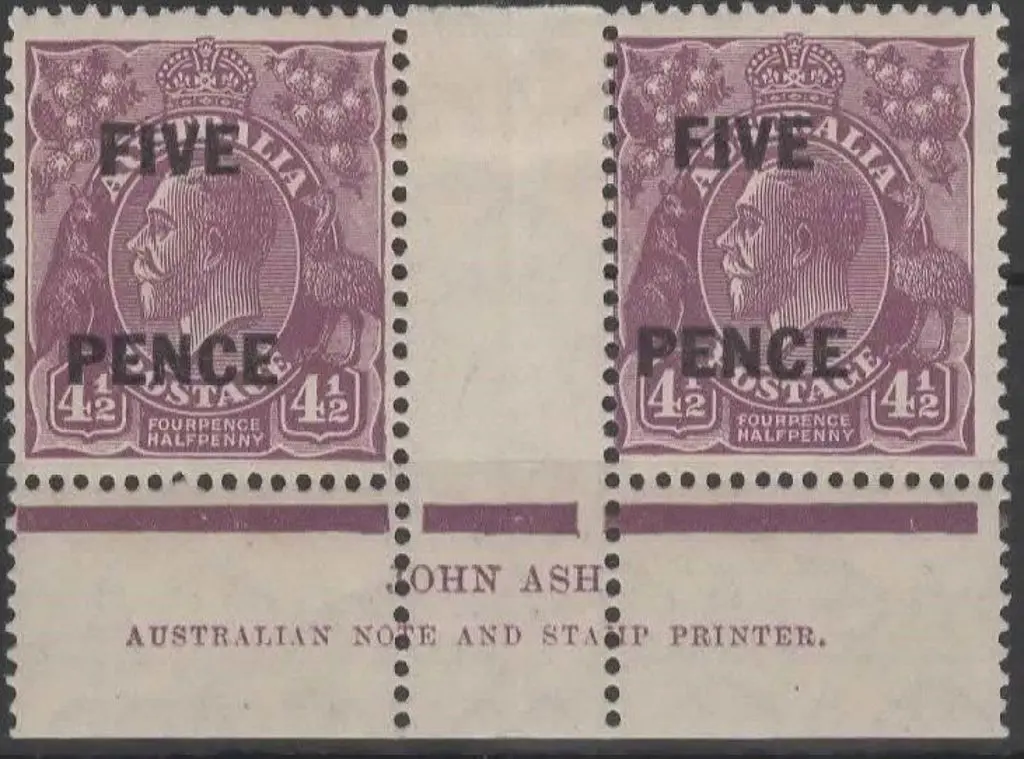 1930 5d on 4½d KGV surcharge in Ash imprint pair ... Image 1++