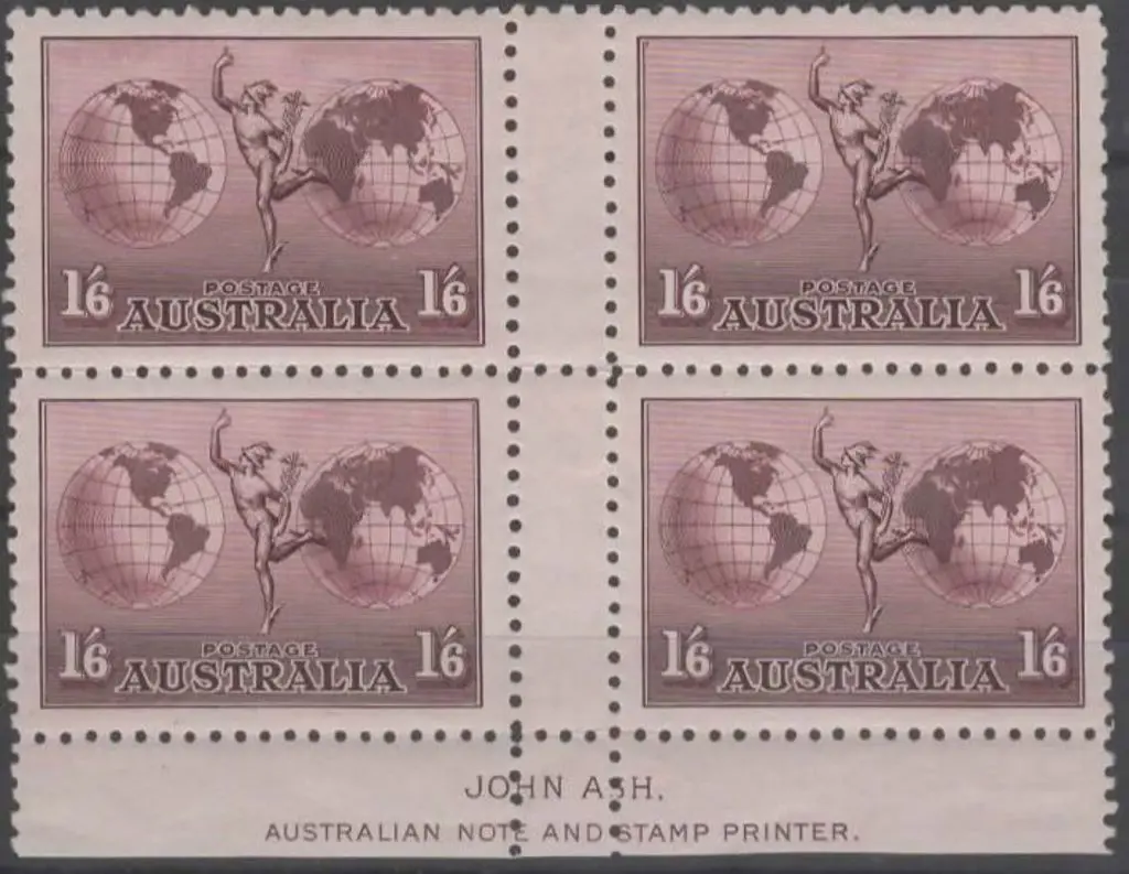 1934 1/6d Hermes, perf. 11, Ash imprint block ... Image 1++