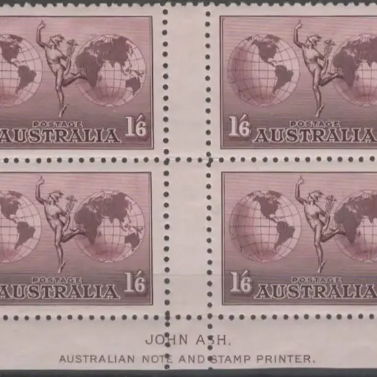 1934 1/6d Hermes, perf. 11, Ash imprint block ...