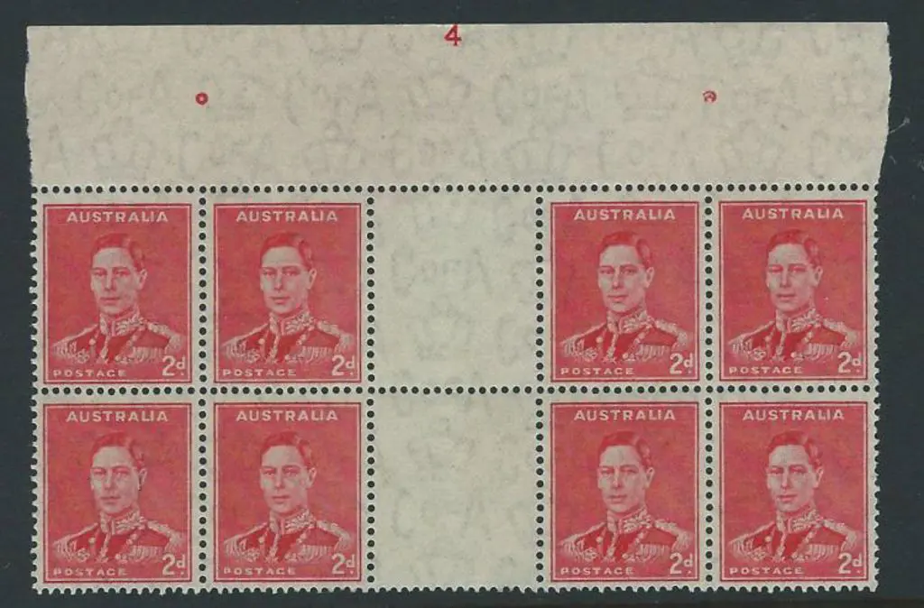 1937/38 2d scarlet KGVI gutter block of 8 with ... Image 1++