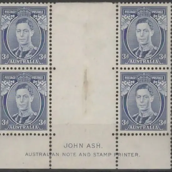 1937/48 3d blue, Die Ia, Ash imprint block of 4. ...