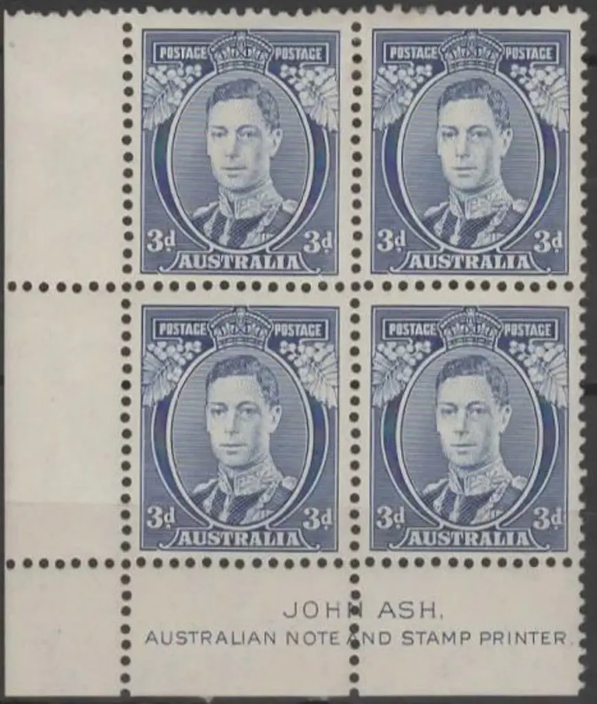 1937/48 3d blue ,Die II, Ash imprint block of 4. ... Image 1++