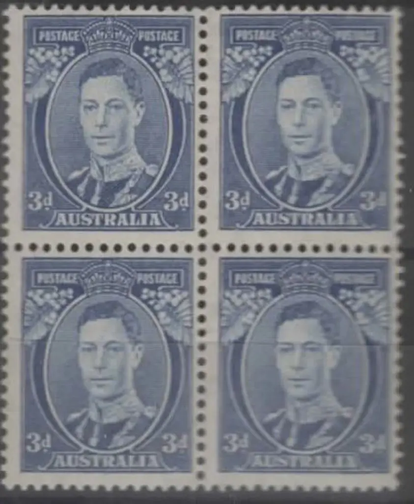 1937/48 3d blue Die III on thin paper block of 4. ... Image 1++