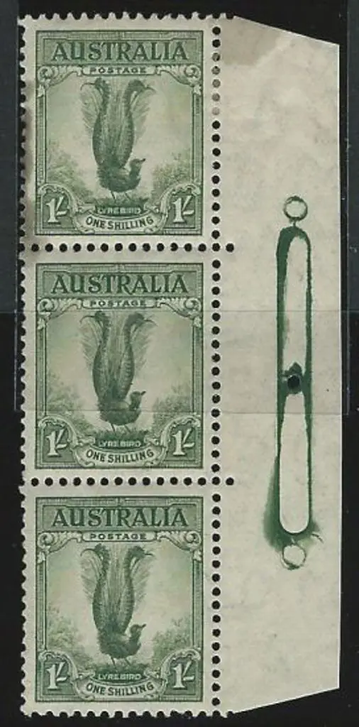 1937/48 1/- lyrebird right marginal strip of 3 ... Image 1++