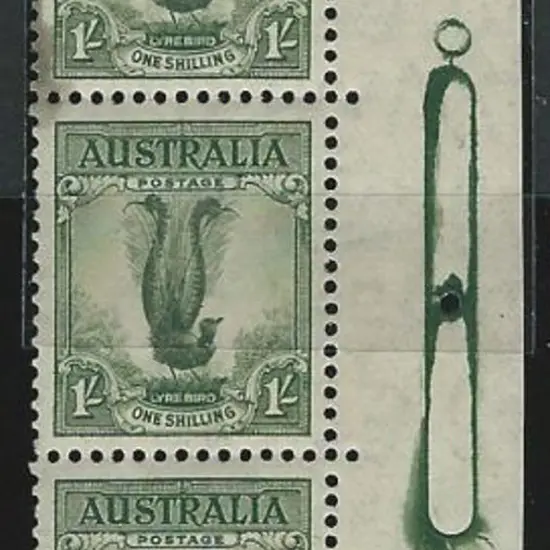 1937/48 1/- lyrebird right marginal strip of 3 ...