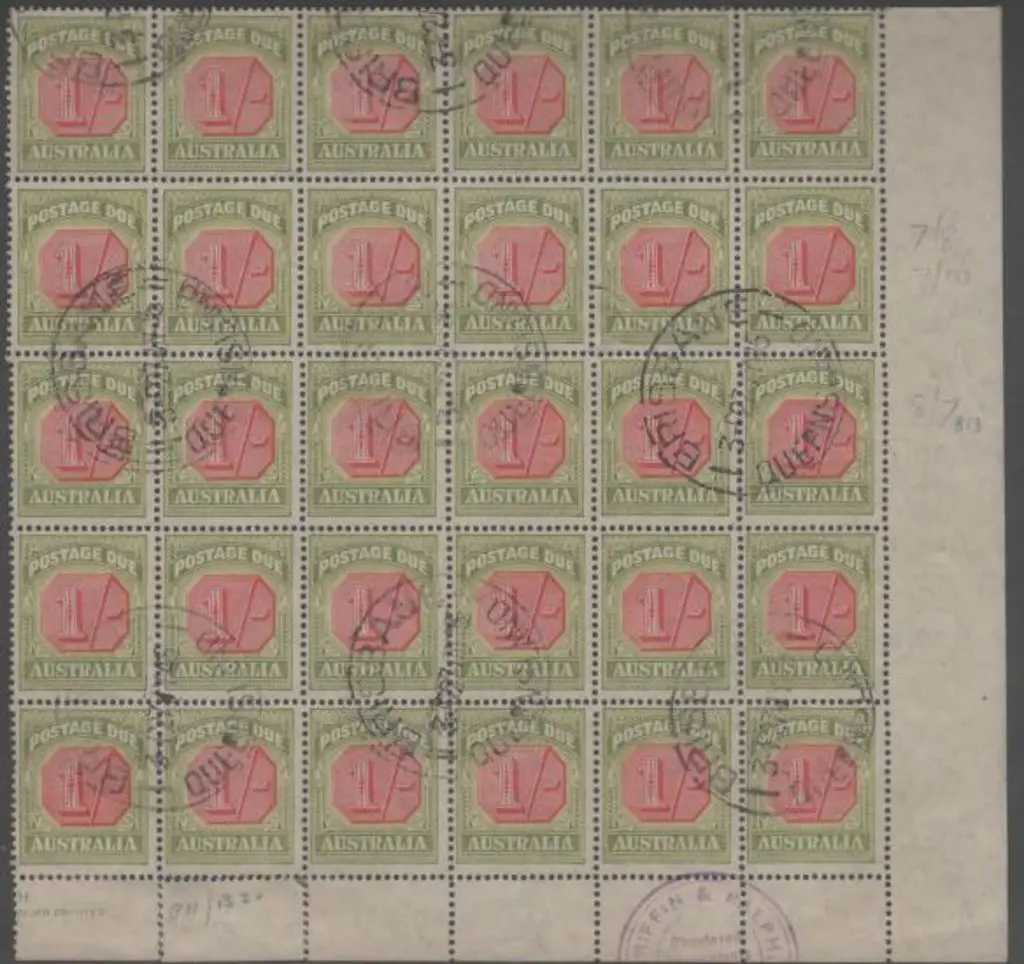 1938 1/- Postage Due fine used block of 30 (5x6) ... Image 1++