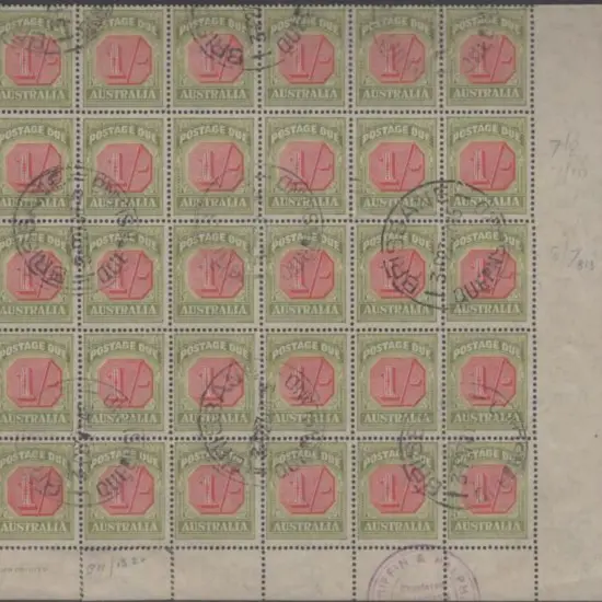 1938 1/- Postage Due fine used block of 30 (5x6) ...