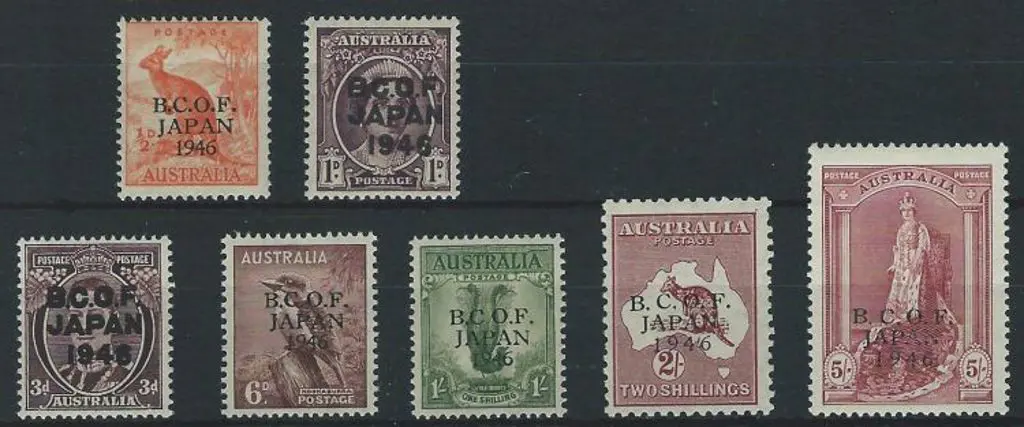 1946 BCOF set of 7 to 5/- Robes on thick paper. ... Image 1++