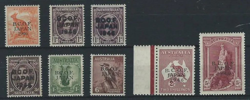 1946 BCOF set of 8 to 5/- thin paper incls 1d with ... Image 1++
