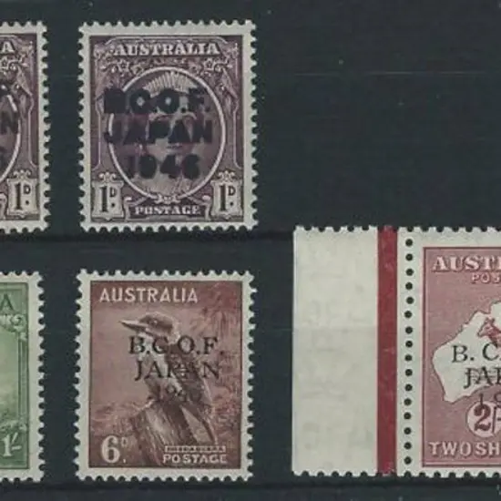 1946 BCOF set of 8 to 5/- thin paper incls 1d with ...