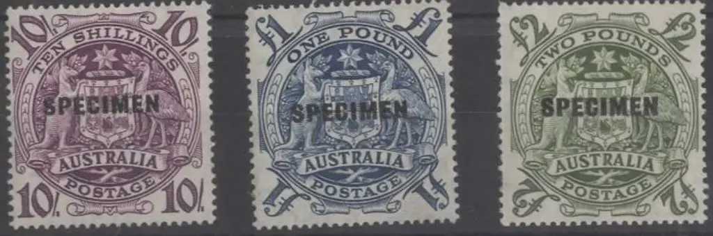 1949/50 Arms set of 3 ovptd "SPECIMEN". 10/- & £1 ... Image 1++