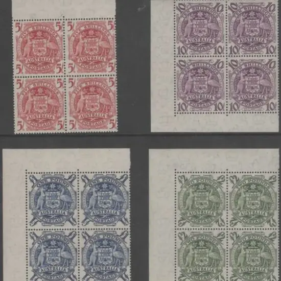 1949/50 Arms set of 4 to £2 in marginal blocks of ...