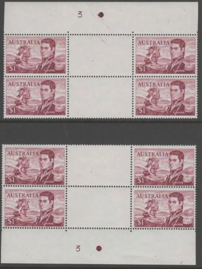 1966 $1 Flinders in Plate Nº 3 gutter blocks of 4 ... Image 1++
