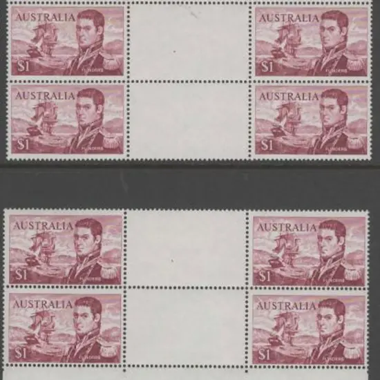 1966 $1 Flinders in Plate Nº 3 gutter blocks of 4 ...