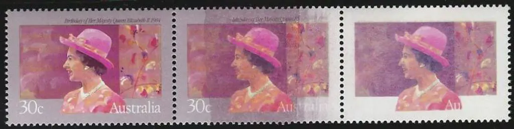 1984 30¢ Queens birthday strip of 3 with purple ... Image 1++