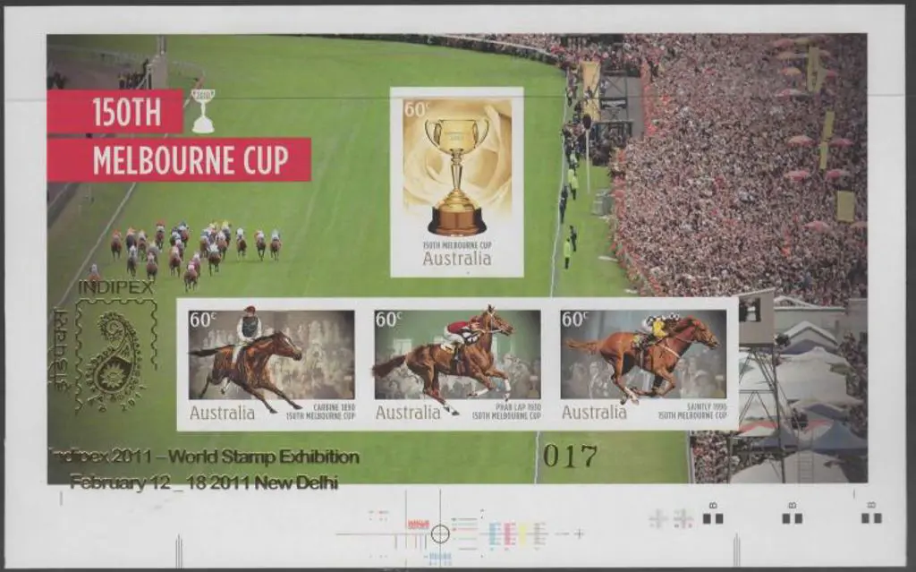 2011 Melbourne Cup imperforate M/S ovptd "INDIPEX ... Image 1++