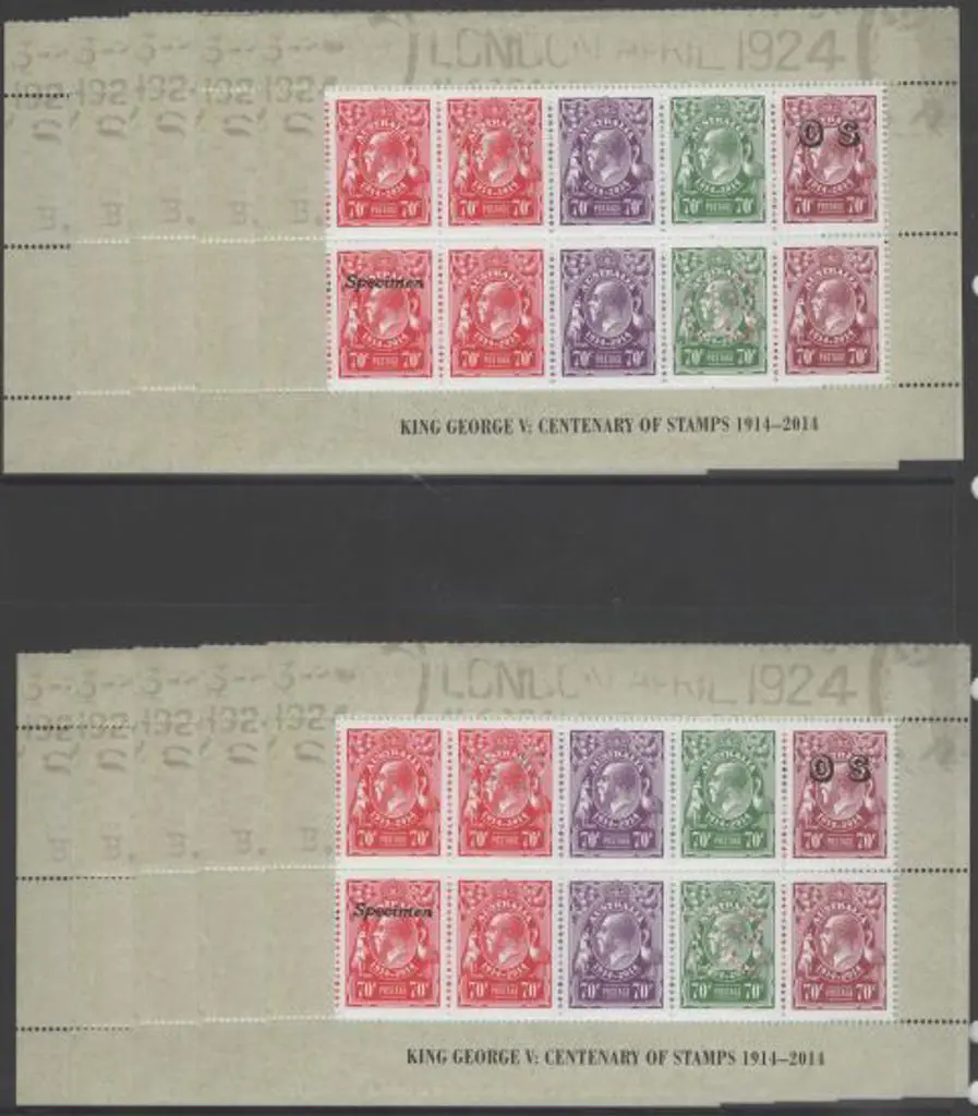 2014 KGV Centenary sheetlets of 10 with OS perfins ... Image 1++