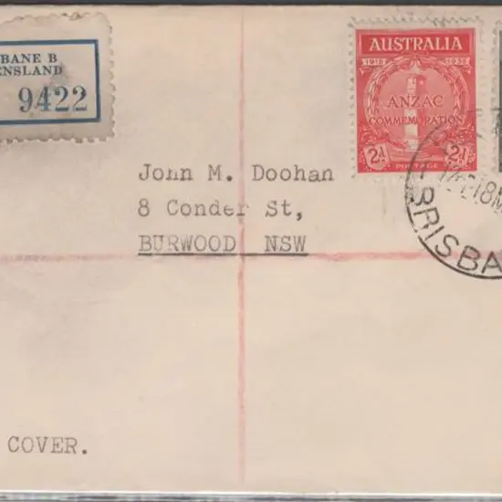 1935 (18th Mar) Anzac pair on Regd Brisbane plain ...