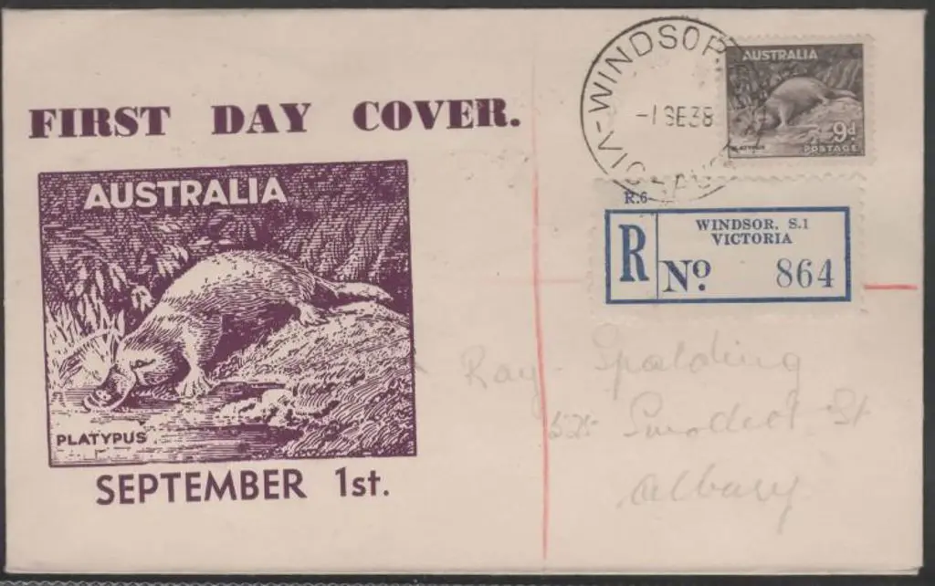 1938 (1st Sept) 9d Platypus on registered Haslem ... Image 1++